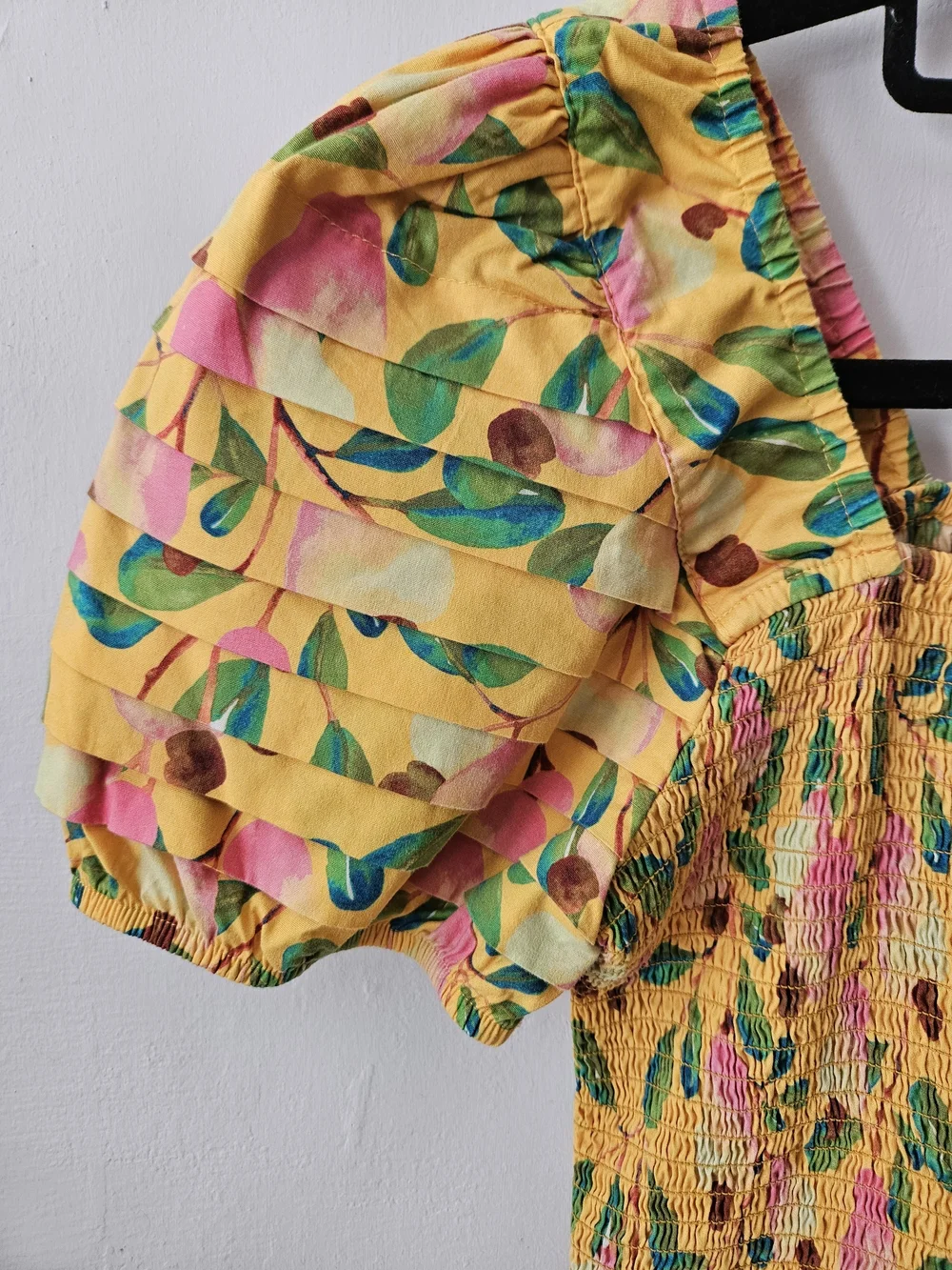 FARM RIO Yellow Floral Smocked Square-Neck Puff Sleeve Blouse Top M